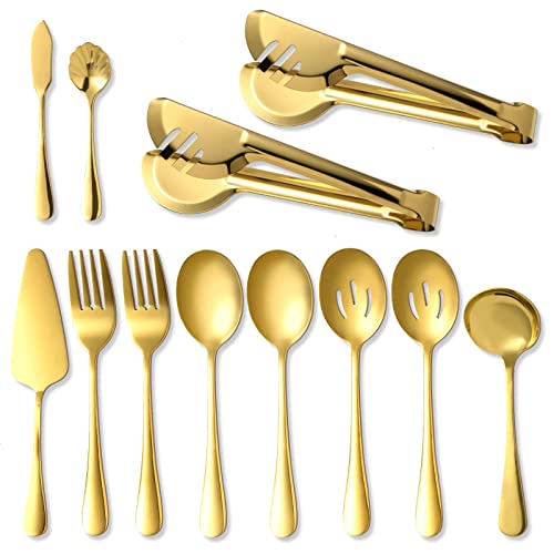 Gold Serving Utensils,12 Pcs Stainless Steel Serving Utensil with Serving Spoon,Slotted Spoons,Serving Forks,Soup Ladle,Serving Tongs,Pie Server,Butter Knife Serving Utensils Set for Parties,Buffe