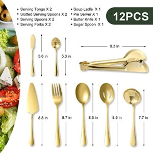 Gold Serving Utensils,12 Pcs Stainless Steel Serving Utensil with Serving Spoon,Slotted Spoons,Serving Forks,Soup Ladle,Serving Tongs,Pie Server,Butter Knife Serving Utensils Set for Parties,Buffe