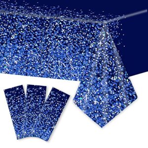 3pcs blue and silver tablecloth for rectangle tables sequin dot confetti table cover sparkly disposable tablecloths birthday decorations wedding anniversary indoor outdoor holiday decor(plastic)