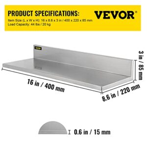 VEVOR Stainless Steel Wall Shelf, 8.6'' x 16'', 44 lbs Load Heavy Duty Commercial Wall Mount Shelving w/Backsplash for Restaurant, Home, Kitchen, Hotel, Laundry Room, Bar (2 Packs)