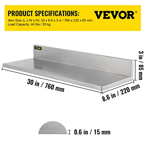 VEVOR Stainless Steel Wall Shelf, 8.6'' x 30'', 44 lbs Load Heavy Duty Commercial Wall Mount Shelving w/Backsplash for Restaurant, Home, Kitchen, Hotel, Laundry Room, Bar (1 Pack)
