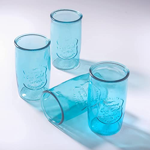 Glaver's Highball Glasses Set of 4 – 20oz Artistic Ice-Cold Pretty Blue Drinking Glasses – Vintage Glassware with Embossed Logo – Beverage Drinking Glasses for Water, Juice, Cocktails.