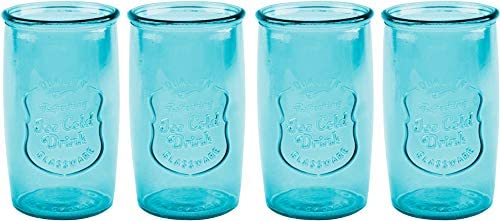 Glaver's Highball Glasses Set of 4 – 20oz Artistic Ice-Cold Pretty Blue Drinking Glasses – Vintage Glassware with Embossed Logo – Beverage Drinking Glasses for Water, Juice, Cocktails.