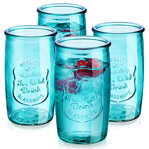 Glaver's Highball Glasses Set of 4 – 20oz Artistic Ice-Cold Pretty Blue Drinking Glasses – Vintage Glassware with Embossed Logo – Beverage Drinking Glasses for Water, Juice, Cocktails.