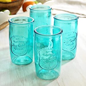 Glaver's Highball Glasses Set of 4 – 20oz Artistic Ice-Cold Pretty Blue Drinking Glasses – Vintage Glassware with Embossed Logo – Beverage Drinking Glasses for Water, Juice, Cocktails.