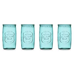 Glaver's Highball Glasses Set of 4 – 20oz Artistic Ice-Cold Pretty Blue Drinking Glasses – Vintage Glassware with Embossed Logo – Beverage Drinking Glasses for Water, Juice, Cocktails.