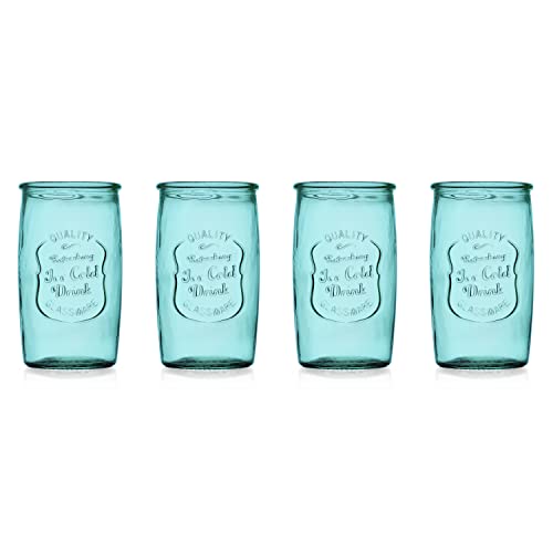 Glaver's Highball Glasses Set of 4 – 20oz Artistic Ice-Cold Pretty Blue Drinking Glasses – Vintage Glassware with Embossed Logo – Beverage Drinking Glasses for Water, Juice, Cocktails.