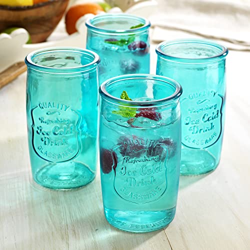 Glaver's Highball Glasses Set of 4 – 20oz Artistic Ice-Cold Pretty Blue Drinking Glasses – Vintage Glassware with Embossed Logo – Beverage Drinking Glasses for Water, Juice, Cocktails.