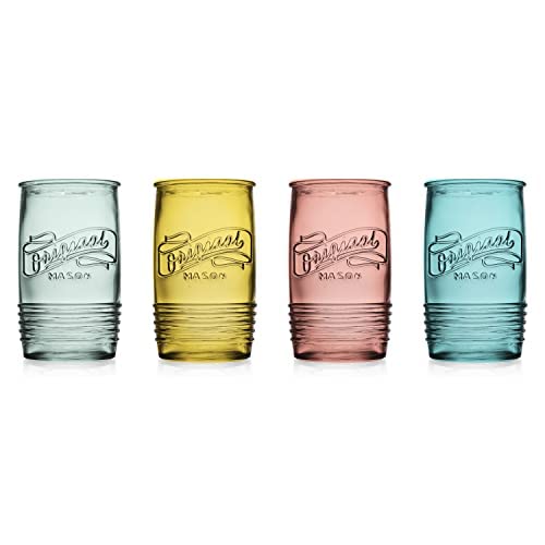 Glaver's Set Of 4 Original Mason Collins Glasses Assorted Colored Drinking Glasses For Juice, Cocktails, Beverage Glass Cups, Hand Wash! (Original Mason Colored 20 OZ)