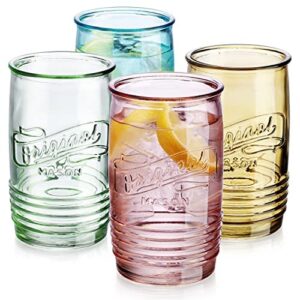 glaver's set of 4 original mason collins glasses assorted colored drinking glasses for juice, cocktails, beverage glass cups, hand wash! (original mason colored 20 oz)