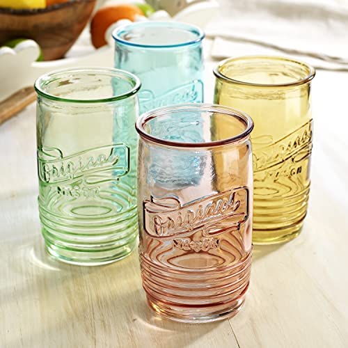 Glaver's Set Of 4 Original Mason Collins Glasses Assorted Colored Drinking Glasses For Juice, Cocktails, Beverage Glass Cups, Hand Wash! (Original Mason Colored 20 OZ)