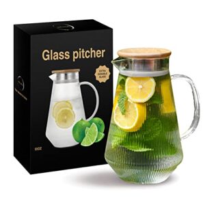 richro glass pitcher with lid - elegant glass water carafe with lid - durable & sturdy glass water pitcher - 55 oz heat resistant glass carafe for hot/cold beverages, coffee,juice, iced tea pitcher,