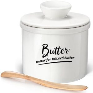 butter crock butter keeper with knife and perfect silicone seal french butter dish with lid for countertop, no more hard butter good kitchen gift, white