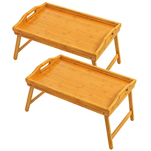 2 Pack Bed Tray Table Breakfast Trays Serving Tray Bamboo Bed Laptap with Floding Legs Handles and Phone Holders