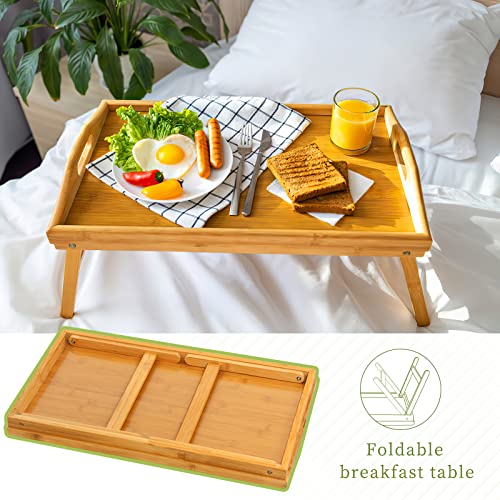 2 Pack Bed Tray Table Breakfast Trays Serving Tray Bamboo Bed Laptap with Floding Legs Handles and Phone Holders