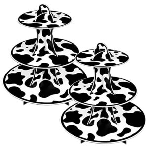 2 set 3-tier farm animal cow print round cardboard cupcake stand for 24 cupcakes perfect for cow boy birthday party decorations baby shower decor cow print party supplies
