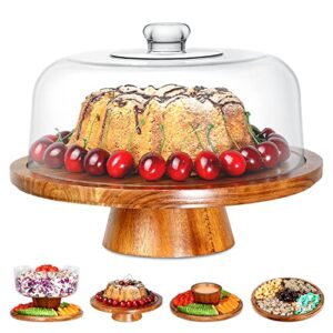 acacia wood cake stand with clear acrylic dome cover - 6-in-1 multifunctional cake holder, serving platter, salad bowl, punch bowl, veggie stand, snack tray - extra large cake platter,