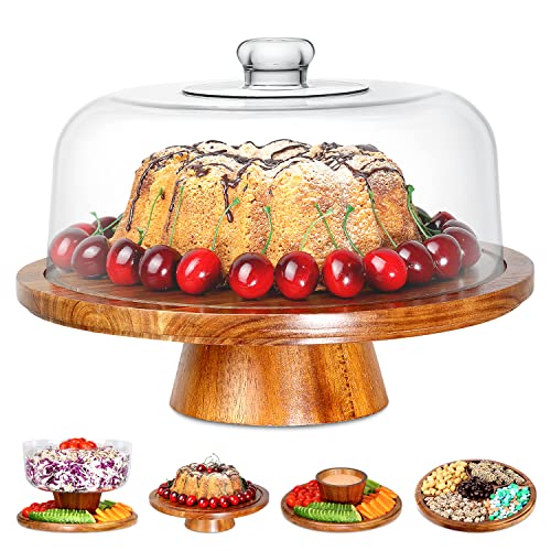 Acacia Wood Cake Stand with Clear Acrylic Dome Cover - 6-in-1 Multifunctional Cake Holder, Serving Platter, Salad Bowl, Punch Bowl, Veggie Stand, Snack Tray - Extra Large Cake Platter,