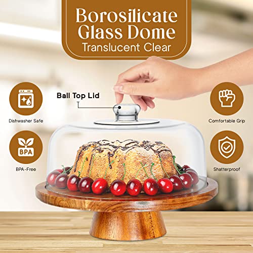 Acacia Wood Cake Stand with Clear Acrylic Dome Cover - 6-in-1 Multifunctional Cake Holder, Serving Platter, Salad Bowl, Punch Bowl, Veggie Stand, Snack Tray - Extra Large Cake Platter,