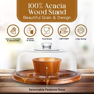 Acacia Wood Cake Stand with Clear Acrylic Dome Cover - 6-in-1 Multifunctional Cake Holder, Serving Platter, Salad Bowl, Punch Bowl, Veggie Stand, Snack Tray - Extra Large Cake Platter,