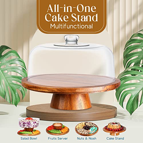 Acacia Wood Cake Stand with Clear Acrylic Dome Cover - 6-in-1 Multifunctional Cake Holder, Serving Platter, Salad Bowl, Punch Bowl, Veggie Stand, Snack Tray - Extra Large Cake Platter,