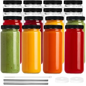 TOMNK 16 Pack 16oz Glass Juice Bottles with Lids and Straws Travel Drinking Glass Bottles with Caps Reusable Juice Jars Smoothie Cups for Tea, Kombucha, Boba Milk, Fruit Drinks, Beverage