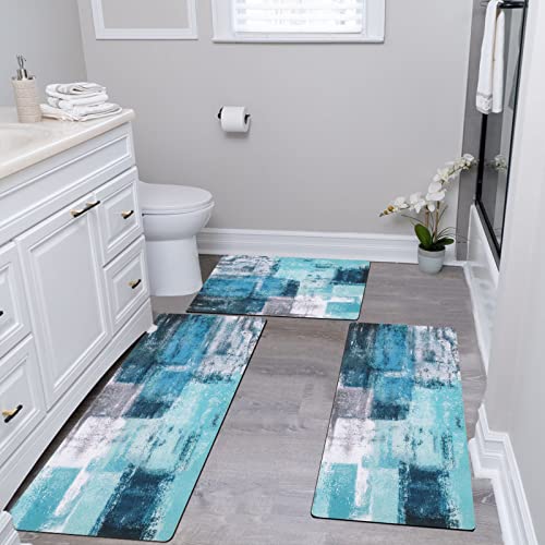 Pauwer Kitchen Rug Sets 3 Piece with Runner Farmhouse Kitchen Rugs and Mats Non Skid Washable Cushioned Kitchen Area Rug Floor Mat Waterproof Runner Rugs for Hallway Kitchen Laundry Room, Turquoise