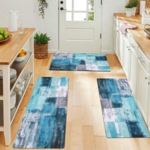 Pauwer Kitchen Rug Sets 3 Piece with Runner Farmhouse Kitchen Rugs and Mats Non Skid Washable Cushioned Kitchen Area Rug Floor Mat Waterproof Runner Rugs for Hallway Kitchen Laundry Room, Turquoise