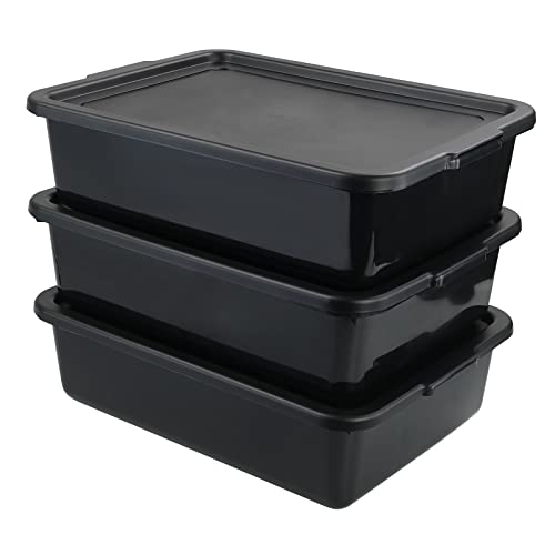 Tyminin Pack of 3 Food Service Bus/Utility Tote Box with Lid, Plastic Restaurant Dish Tub, 13 L, Black