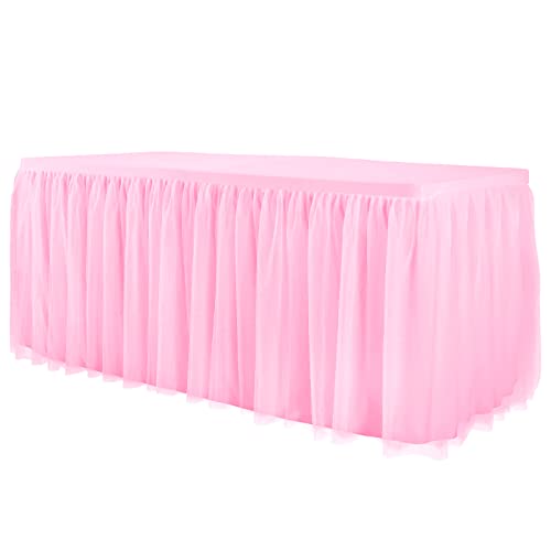 netbros Tulle Table Skirt, Table Clothes for 6 Foot Rectangle Tables, Tight Fit Washable and Wrinkle Resistant Pink Tablecloth, Tutu Table Skirt Decoration for Birthday Party, Banquet, Event