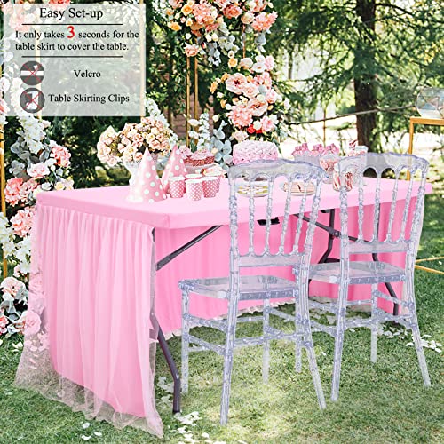 netbros Tulle Table Skirt, Table Clothes for 6 Foot Rectangle Tables, Tight Fit Washable and Wrinkle Resistant Pink Tablecloth, Tutu Table Skirt Decoration for Birthday Party, Banquet, Event