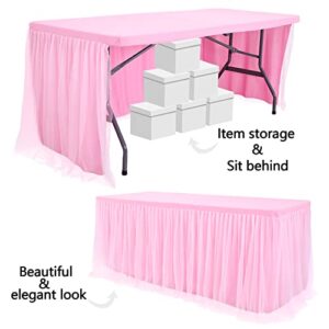 netbros Tulle Table Skirt, Table Clothes for 6 Foot Rectangle Tables, Tight Fit Washable and Wrinkle Resistant Pink Tablecloth, Tutu Table Skirt Decoration for Birthday Party, Banquet, Event