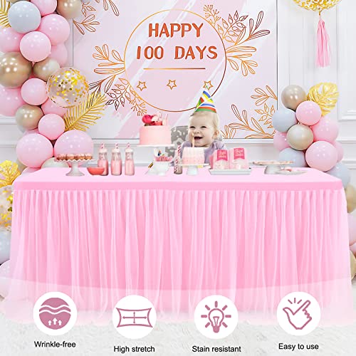 netbros Tulle Table Skirt, Table Clothes for 6 Foot Rectangle Tables, Tight Fit Washable and Wrinkle Resistant Pink Tablecloth, Tutu Table Skirt Decoration for Birthday Party, Banquet, Event