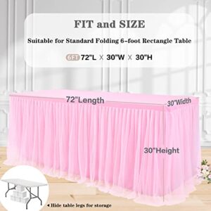 netbros Tulle Table Skirt, Table Clothes for 6 Foot Rectangle Tables, Tight Fit Washable and Wrinkle Resistant Pink Tablecloth, Tutu Table Skirt Decoration for Birthday Party, Banquet, Event