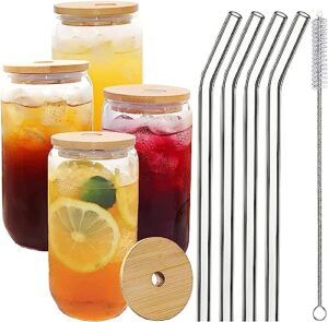 glass cups with lids and straws 4pcs set, 16oz can shaped drinking glasses set, beer glasses, iced coffee cup, cute tumbler cup for juice, water, soda, tea, gift