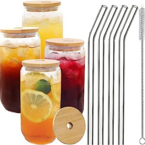 Glass Cups with Lids and Straws 4pcs Set, 16oz Can Shaped Drinking Glasses Set, Beer Glasses, Iced Coffee Cup, Cute Tumbler Cup for Juice, Water, Soda, Tea, Gift