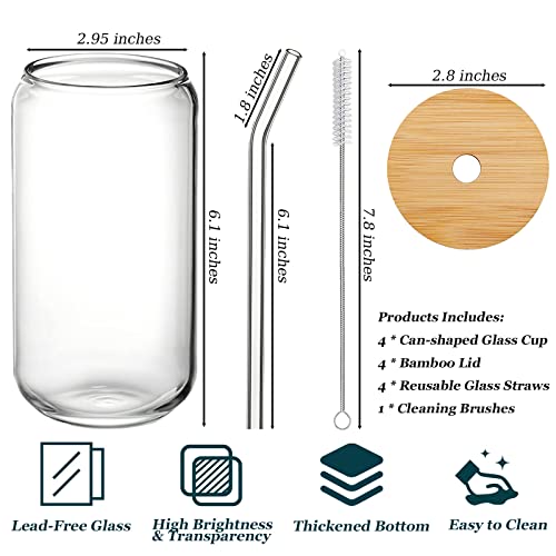 Glass Cups with Lids and Straws 4pcs Set, 16oz Can Shaped Drinking Glasses Set, Beer Glasses, Iced Coffee Cup, Cute Tumbler Cup for Juice, Water, Soda, Tea, Gift