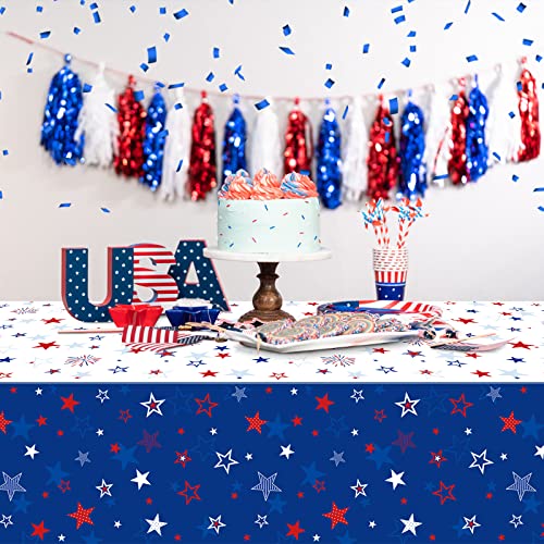 3 Pack Patriotic Tablecloth Decorations for 4th of July Independence Day, Plastic Memorial Day Table Cover Printed with Stars and Fireworks for Patriotic Themed Party Supplies, 54 x 108 Inch