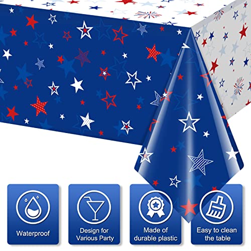 3 Pack Patriotic Tablecloth Decorations for 4th of July Independence Day, Plastic Memorial Day Table Cover Printed with Stars and Fireworks for Patriotic Themed Party Supplies, 54 x 108 Inch