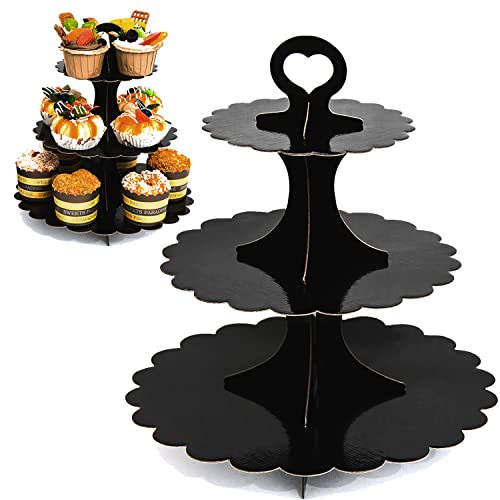 Humlindo 2 Pack 3 Tier Cupcake Stand Tower, Cupcake Tower, Black Cupcake Tier Stand, Cupcake Stand, Cup Cake Stand Cardboard Dessert Cupcake Stand Holder for Parties, Tiered Cupcake Stand (Black)