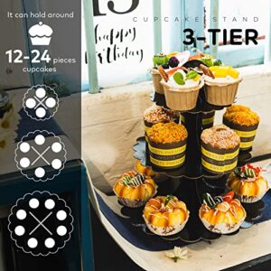 Humlindo 2 Pack 3 Tier Cupcake Stand Tower, Cupcake Tower, Black Cupcake Tier Stand, Cupcake Stand, Cup Cake Stand Cardboard Dessert Cupcake Stand Holder for Parties, Tiered Cupcake Stand (Black)