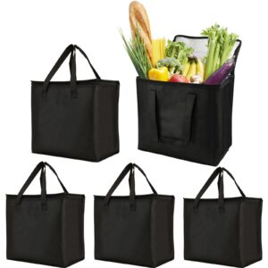 acrux7 5 pack insulated grocery bags with zipper, reusable food delivery bag, medium collapsible leak-poof insulated bags, food warmer bag, insulated shopping bags for hot & cold, groceries (black)