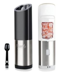 pwzzk battery operated gravity electric salt and pepper grinder mill set with white light stainless steel one hand automatic operation refillable with adjustable coarseness (black&white,2 pack)