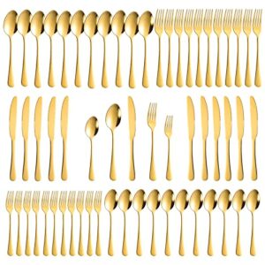60-piece gold silverware set, stainless steel flatware cutlery set service for 12, gold utensils tableware cutlery set for home restaurant, mirror finish, dishwasher safe (gold)