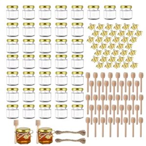 givameihf 40 pack mini glass honey jars,1.5oz hexagon honey jars with wooden dipper,gold lid,pendant,rope,mini honey jars with lids,perfect for baby shower,wedding favors,party favors