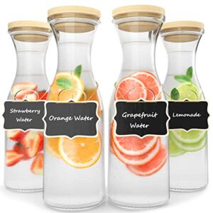 finew 4 pack glass carafe pitchers with wood lids for fridge, 1 liter water pitcher juice container for mimosa bar, beverage, brunch, water, juice, milk, lemonade - 4 wooden chalkboard tags