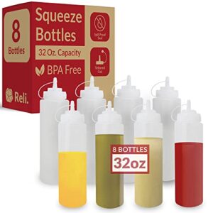 reli. plastic squeeze bottles, 32 oz. | 8 pack | condiment squeeze bottles for sauces | clear w/tethered caps | 32 ounce hot sauce, ketchup bottles | squirt bottles for condiments, olive oil, liquids