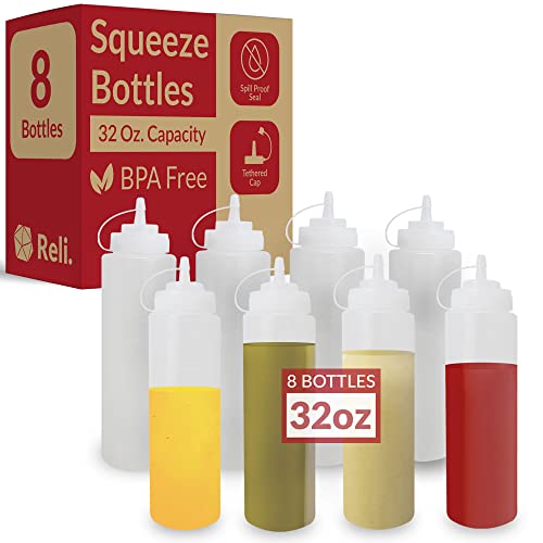 Reli. Plastic Squeeze Bottles, 32 oz. | 8 Pack | Condiment Squeeze Bottles for Sauces | Clear w/Tethered Caps | 32 Ounce Hot Sauce, Ketchup Bottles | Squirt Bottles for Condiments, Olive Oil, Liquids