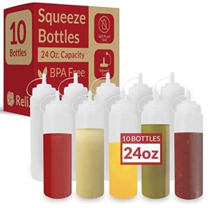 reli. plastic squeeze bottles, 24 oz. | 10 pack | condiment squeeze bottles for sauces | clear w/tethered caps | 24 ounce hot sauce, ketchup bottles |squirt bottles for condiments, olive oil, liquids