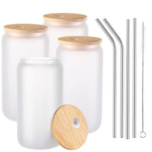 jmscape sublimation glass blanks with bamboo lid 4pcs set, 16oz frosted glass cups with lids and straws, sublimation beer can glass tumblers, sublimation cups for iced coffee soda drinks beer